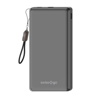 Power Bank Swiss+Go De Color Gris, Diseño Compacto Con Conector Y Lazo Para Fácil Transporte, Ideal Para Dispositivos Móviles.