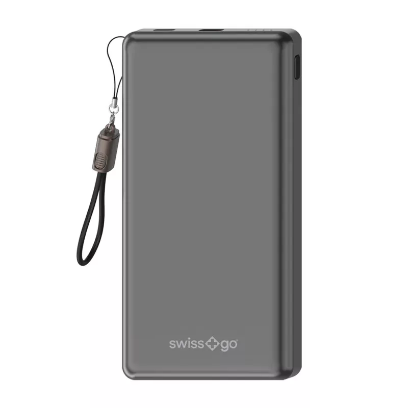 Power bank Swiss+Go de color gris, diseño compacto con conector y lazo para fácil transporte, ideal para dispositivos móviles.