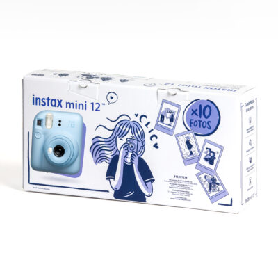 Cámara instantánea Fujifilm Instax Mini 12 en color azul con diseño estilizado y 10 fotos incluidas.