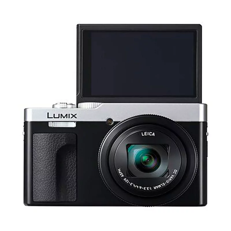 Cámara Panasonic Lumix con pantalla abatible y lente Leica de 24-720 mm, ideal para fotografía versátil.