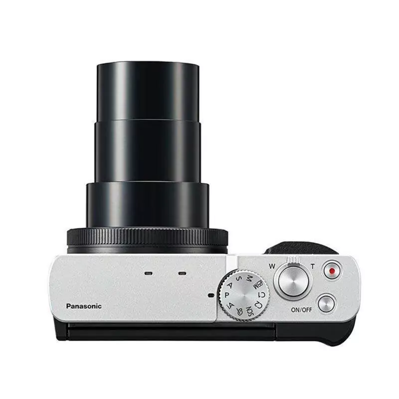 Cámara Panasonic con lente teleobjetivo retractable y controles manuales para fotografía avanzada.