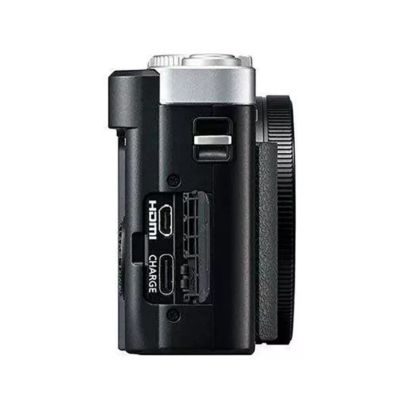 Cámara Sony A7III vista lateral, con puertos HDMI y carga visibles. Ideal para fotografía mirrorless profesional.