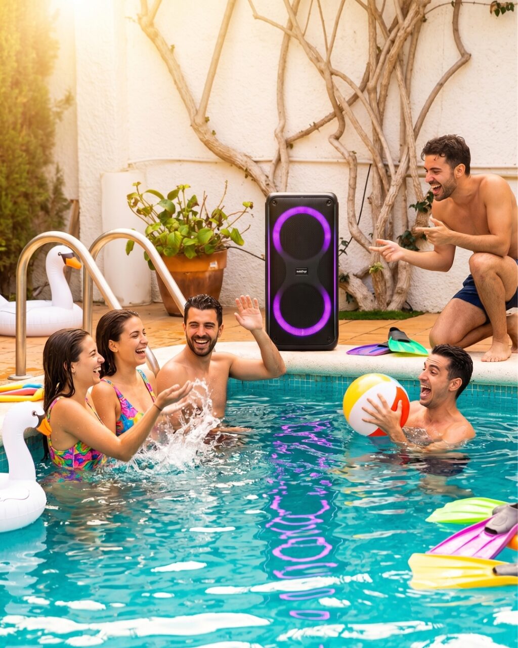 Altavoz Portátil Con Luces Led En Un Ambiente Festivo Junto A Una Piscina Con Personas Divirtiéndose.