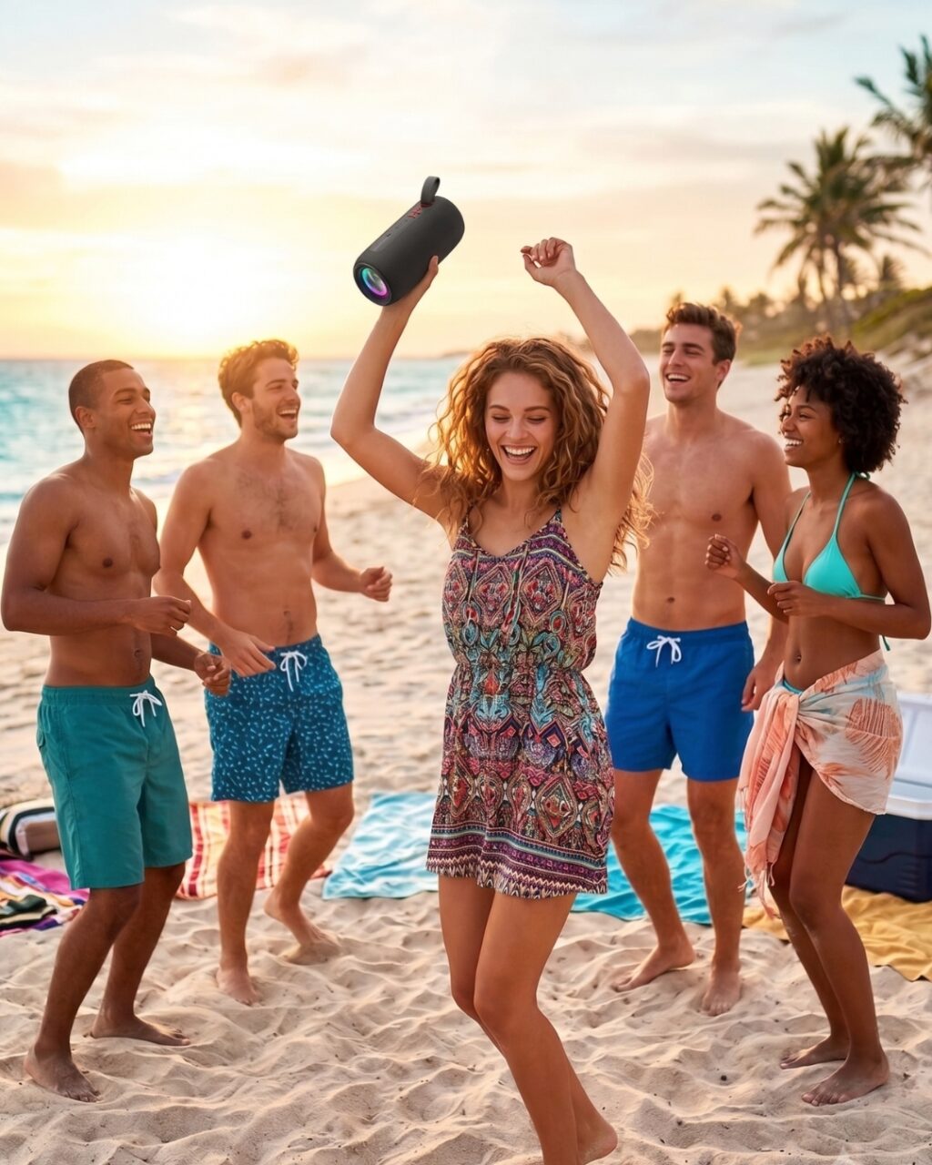 Alt Text: Mujer Bailando En La Playa Con Un Altavoz Portátil, Disfrutando De Música Al Atardecer En Un Ambiente Festivo.