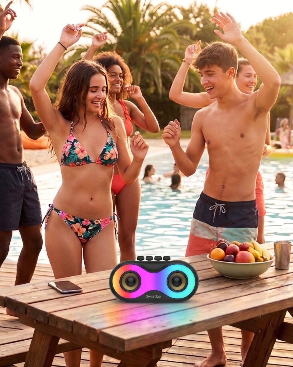Altavoz Bluetooth Portátil Swiss+Go Con Luces Led, Ideal Para Fiestas Junto A La Piscina.