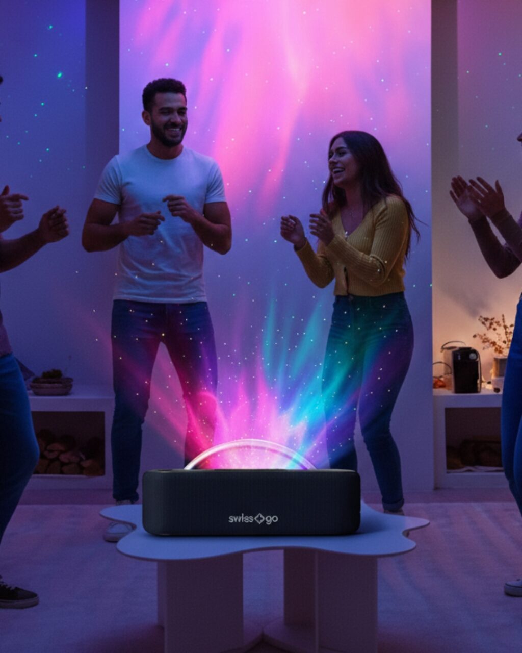 Altavoz Svigas Go Emitiendo Luces Coloridas Mientras Un Grupo De Personas Celebra Y Baila En Un Ambiente Festivo.