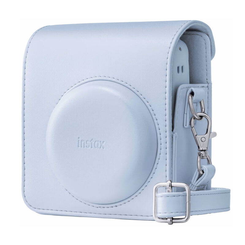 Funda de cámara Instax en azul, diseñada para modelos Instax Mini, con correa y cierre seguro.