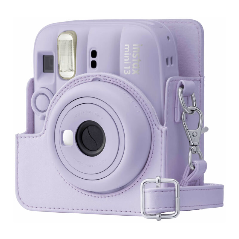 fuj170378-1-45f Cámara instantánea Fujifilm Instax Mini 13 en color lila, con estuche y lente de 60 mm para fotos instantáneas.