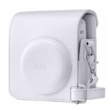 Funda de cámara Instax, color blanco, con correa y cierre magnético, ideal para cámaras instantáneas.