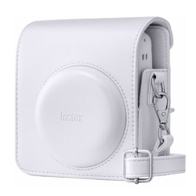 Funda de cámara Instax, color blanco, con correa y cierre magnético, ideal para cámaras instantáneas.
