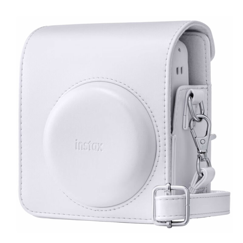 Funda de cámara Instax, color blanco, con correa y cierre magnético, ideal para cámaras instantáneas.