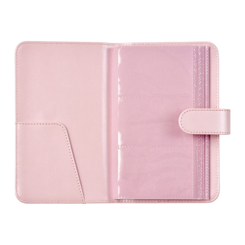 fuj170383-4-109 Carcasa rosa para tarjetas de memoria con bolsillo y compartimentos transparentes. Ideal para almacenamiento seguro.