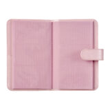 Funda organizadora rosa con compartimentos para tarjetas, ideal para dispositivos electrónicos y accesorios de fotografía.