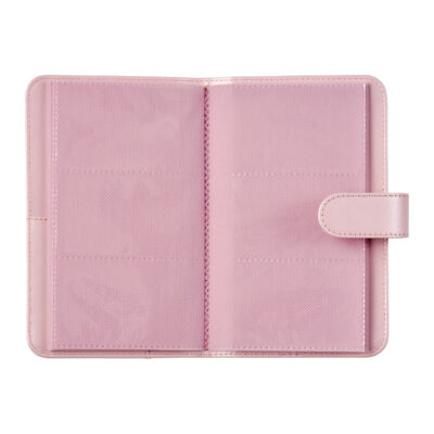 Funda organizadora rosa con compartimentos para tarjetas, ideal para dispositivos electrónicos y accesorios de fotografía.