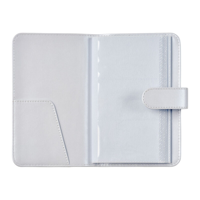 fuj170385-4-539 Carcasa blanca para álbum de fotos, con bolsillos transparentes y cierre magnético, ideal para almacenamiento de imágenes.