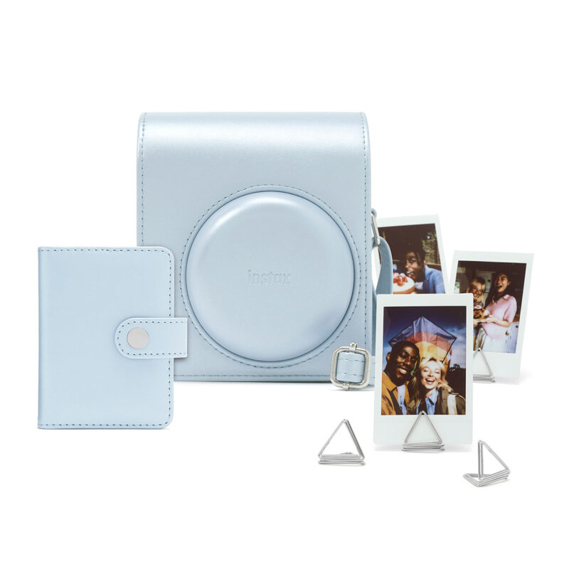 Cámara instantánea Fujifilm Instax, soporte triangular, álbum de fotos, en color azul claro. Perfecta para recuerdos instantáneos.