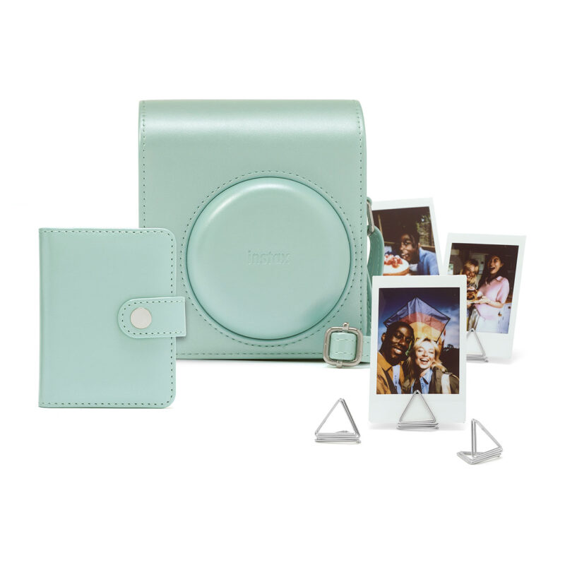 Funda Instax verde menta con álbum de fotos y soportes de imágenes para fotos impresas instantáneas.