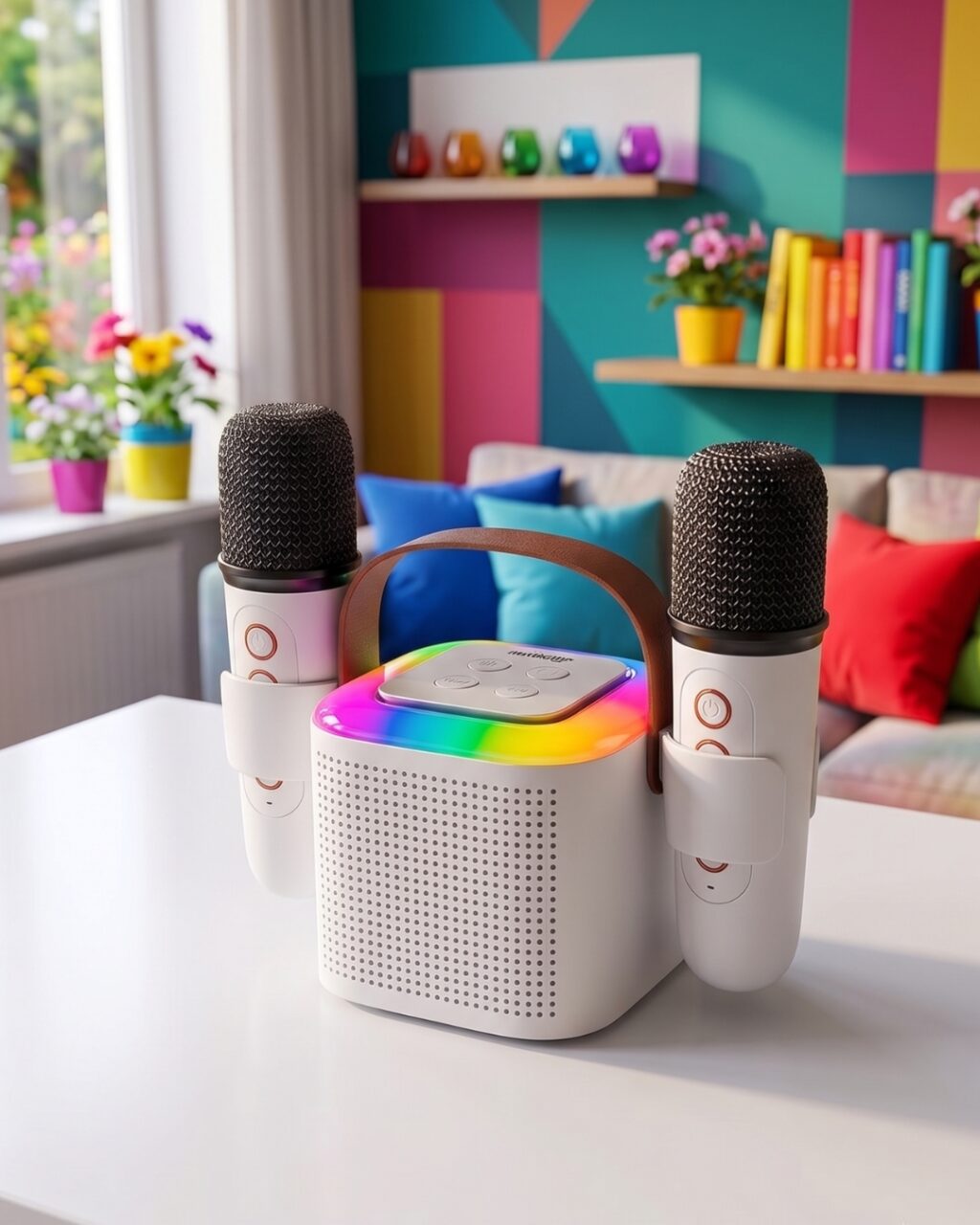 Alt Text: Altavoz Portátil Con Micrófonos Inalámbricos, Luz Led Multicolor Y Diseño Moderno Para Karaoke Y Entretenimiento.