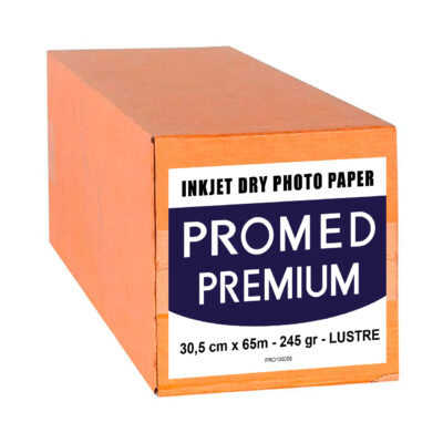 Papel fotográfico de inyección de tinta Promed Premium, lustre, 30,5 cm x 65 m, 245 g, ideal para impresiones profesionales.