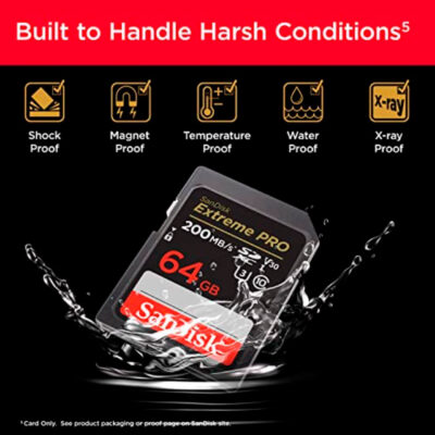 Tarjeta de memoria SanDisk Extreme PRO de 64GB, resistente al agua, óptima para fotografía y video con alta velocidad.