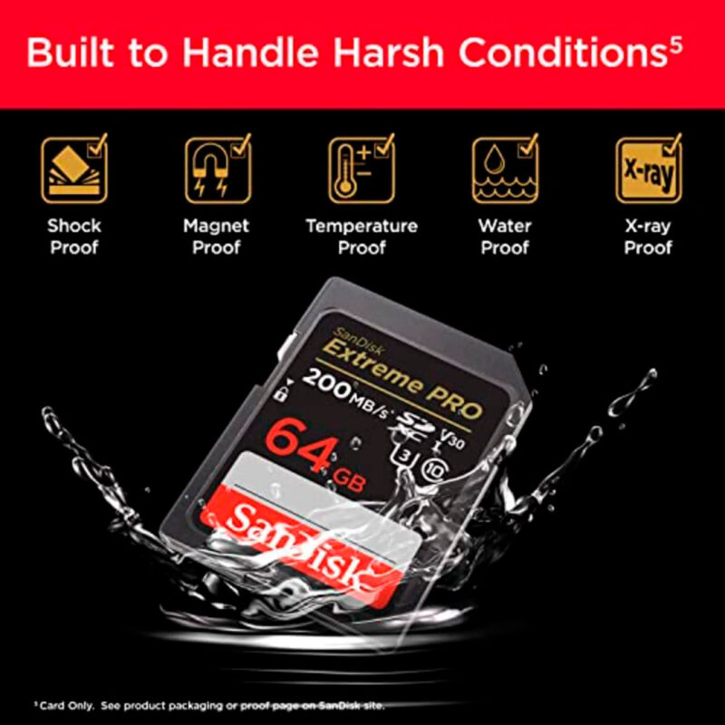 sdk404421-1-67a Tarjeta de memoria SanDisk Extreme PRO de 64GB, resistente al agua, óptima para fotografía y video con alta velocidad.