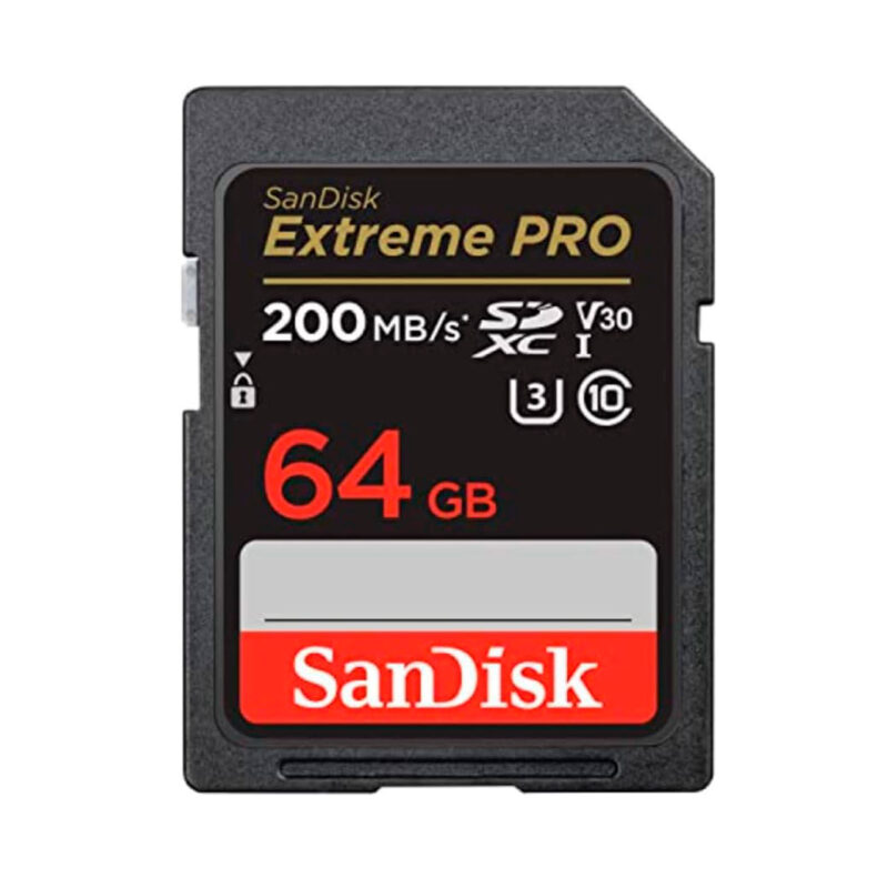 Tarjeta de memoria SanDisk Extreme PRO 64GB, velocidad de transferencia de 200 MB/s, ideal para fotografía profesional.
