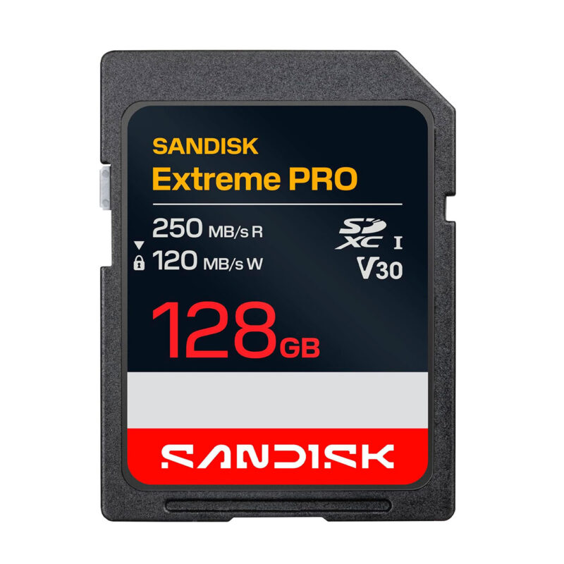 Tarjeta SD SanDisk Extreme PRO 128GB, velocidad de lectura 250 MB/s, ideal para cámaras y grabación en 4K.