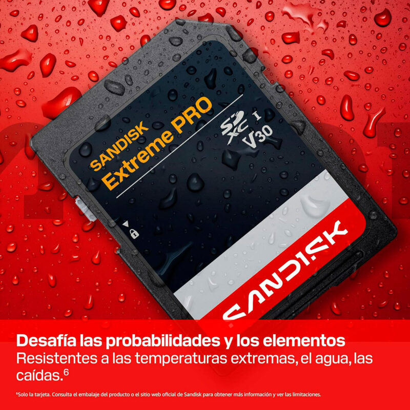 sdk404423-1-3cc Tarjeta de memoria Sandisk Extreme PRO SDXC UHS-I V30, resistente al agua y a temperaturas extremas. Ideal para fotografía.