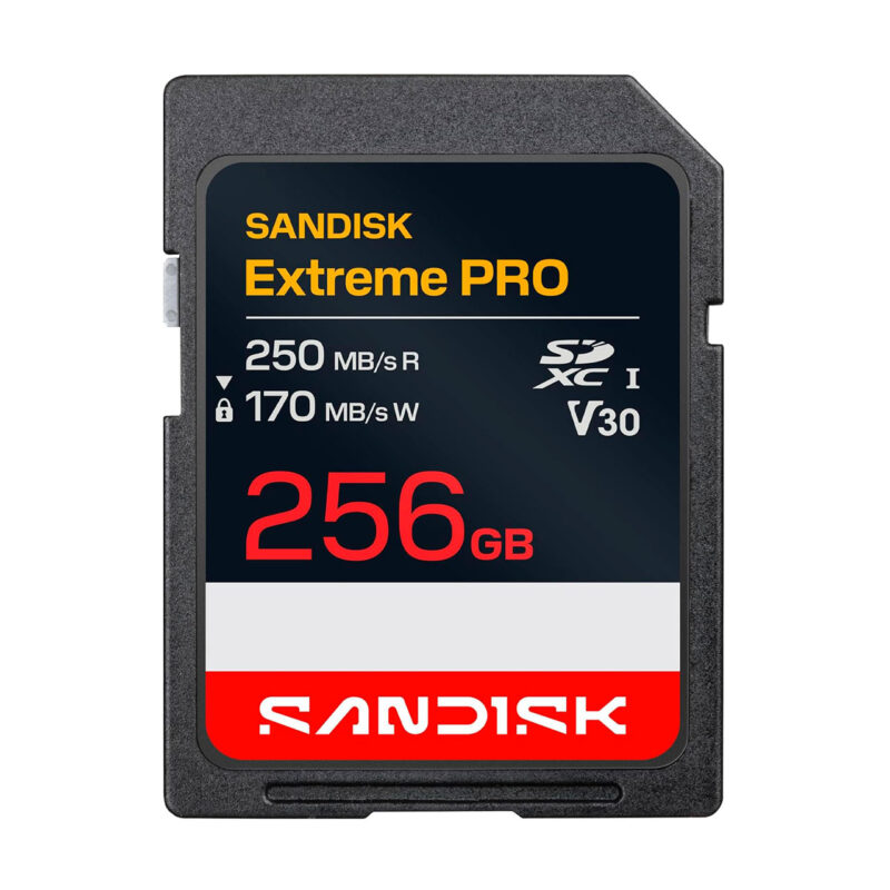 Tarjeta SD Sandisk Extreme PRO, 256GB, 250 MB/s lectura y 170 MB/s escritura, ideal para cámaras profesionales.