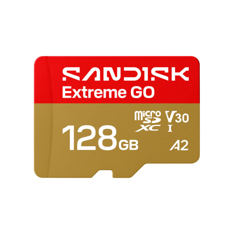 Tarjeta microSD SanDisk Extreme GO de 128GB, clase V30, ideal para cámaras y grabación de video de alta velocidad.