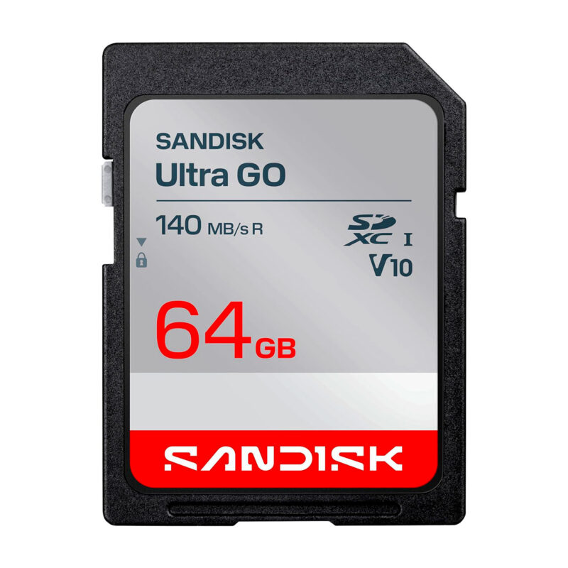 Tarjeta SD SanDisk Ultra GO de 64GB con velocidad de 140 MB/s para almacenamiento en cámaras y dispositivos.