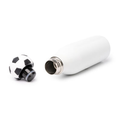 Botella de acero inoxidable blanca con tapa en forma de balón de fútbol, ideal para deporte y actividades al aire libre.