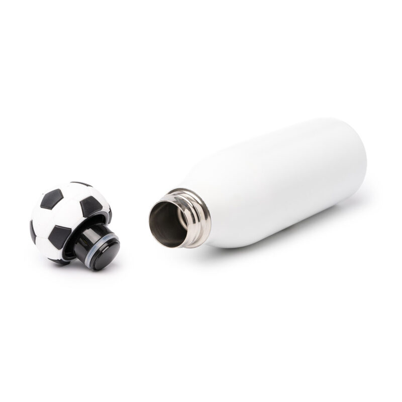 White stainless steel bottle with a football-shaped lid, ideal for sports and outdoor activities.
