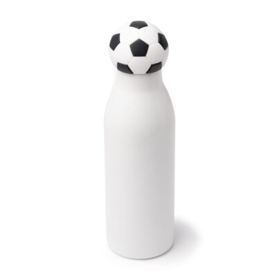 Botella blanca con tapa en forma de balón de fútbol, ideal para deportistas y amantes del soccer.
