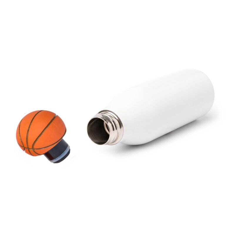 White thermal bottle with basketball lid, ideal for sports activities and temperature maintenance.