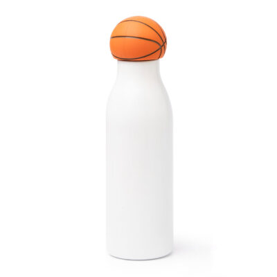 Botella de agua blanca con tapa en forma de balón de baloncesto, diseño divertido y funcional para deportistas.