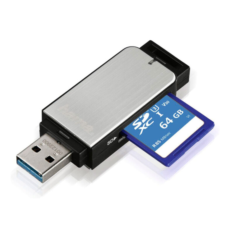 ham404214-2-98e Lector de tarjetas Hama USB con tarjeta SDXC de 64 GB, ideal para transferencias rápidas de datos y fotografía.
