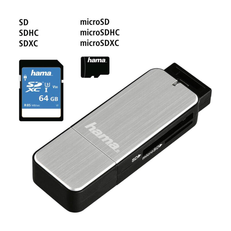 ham404214-3-bd7 Lector de tarjetas Hama con ranuras para SD y microSD, carga rápida y compatible con tarjetas de hasta 64 GB.