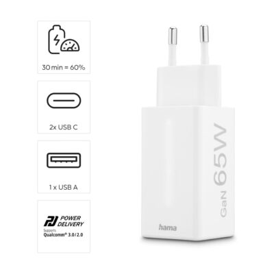 Adaptador de corriente Hama GaN 65W con 2 puertos USB-C y 1 USB-A, compatible con Power Delivery y Qualcomm 3.0.