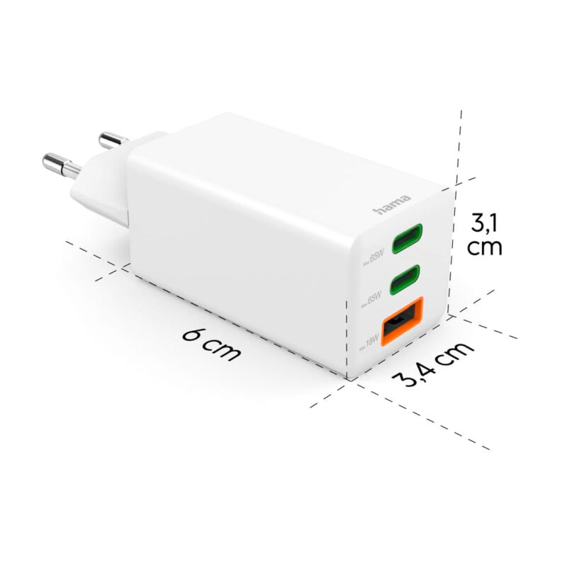 ham405045-2-47e Cargador Hama de 65W con dos puertos USB-C y uno USB-A, diseño compacto y dimensiones de 6x3,4x3,1 cm.