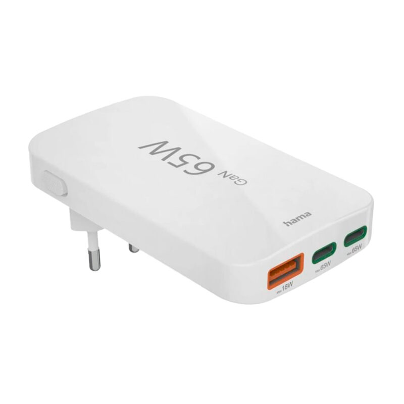 ham405046-1-7e4 Cargador Hama de 65W con dos puertos USB-C y uno USB-A, diseño compacto para carga rápida de dispositivos.