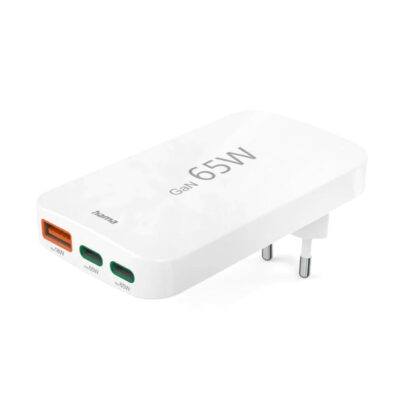 Cargador Hama GaN 65W, diseño compacto con puertos USB-C para carga rápida de dispositivos.