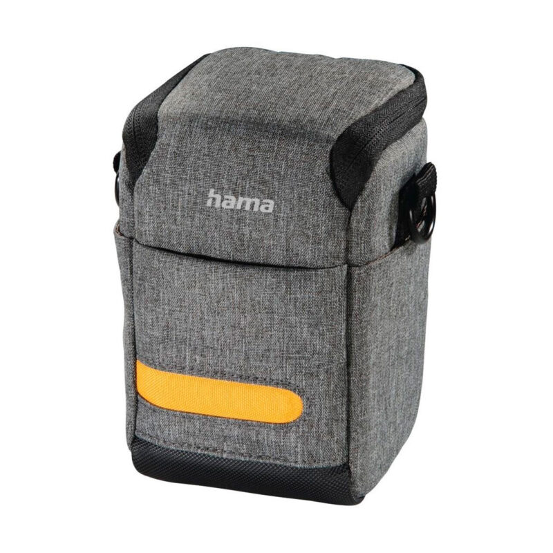 Bolsa para cámara Hama, color gris con detalle naranja, diseño compacto y resistente, ideal para fotografía móvil.