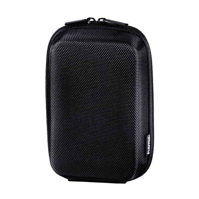 Funda de cámara Hama, diseño negro texturizado, ideal para accesorios fotográficos. Protección y portabilidad garantizadas.