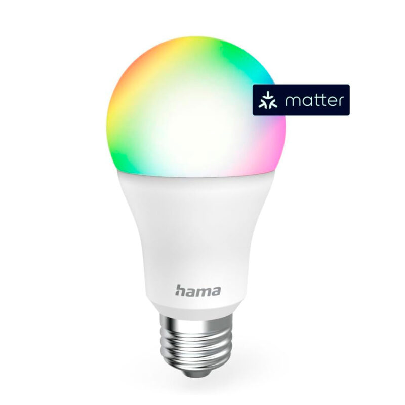 ham600002-2-ff2 Bombilla inteligente Hama con luz RGB, tecnología Matter para control de ambiente y personalización de color.