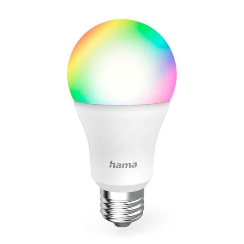 Bombilla inteligente Hama RGB, emitiendo luz multicolor y diseño moderno, ideal para iluminación ambiental.