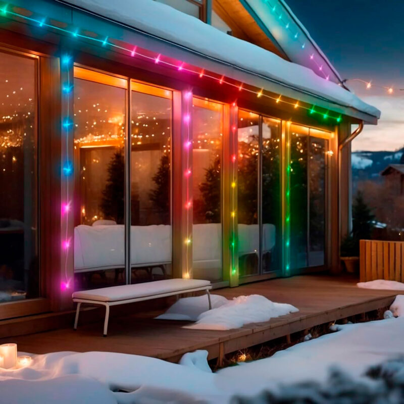 ham600003-6-253 This may not fit the requested category of technology or photography, but here's a proposal for optimized alt text:
"Home exterior with multicolored LED lights and snow, ideal for winter décor and night photography."