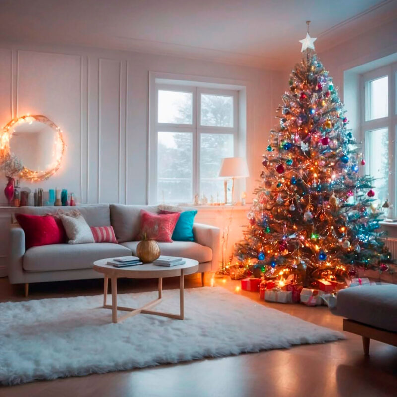 HAM600003-7-ECD Christmas tree decorated with colorful lights and ornaments, elegant living room with sofa and modern coffee table.
