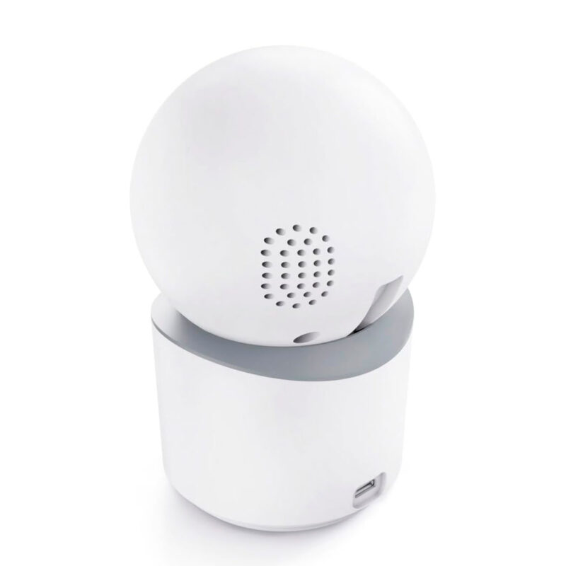 HAM600004-4-C08 Compact smart speaker, minimalist design in white, with USB connectivity and integrated speaker.