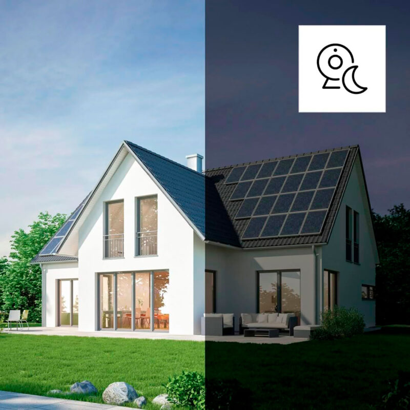 HAM600005-8-09A Modern house with solar panels on the roof, natural lighting and large patio. Sustainable energy and efficient design.